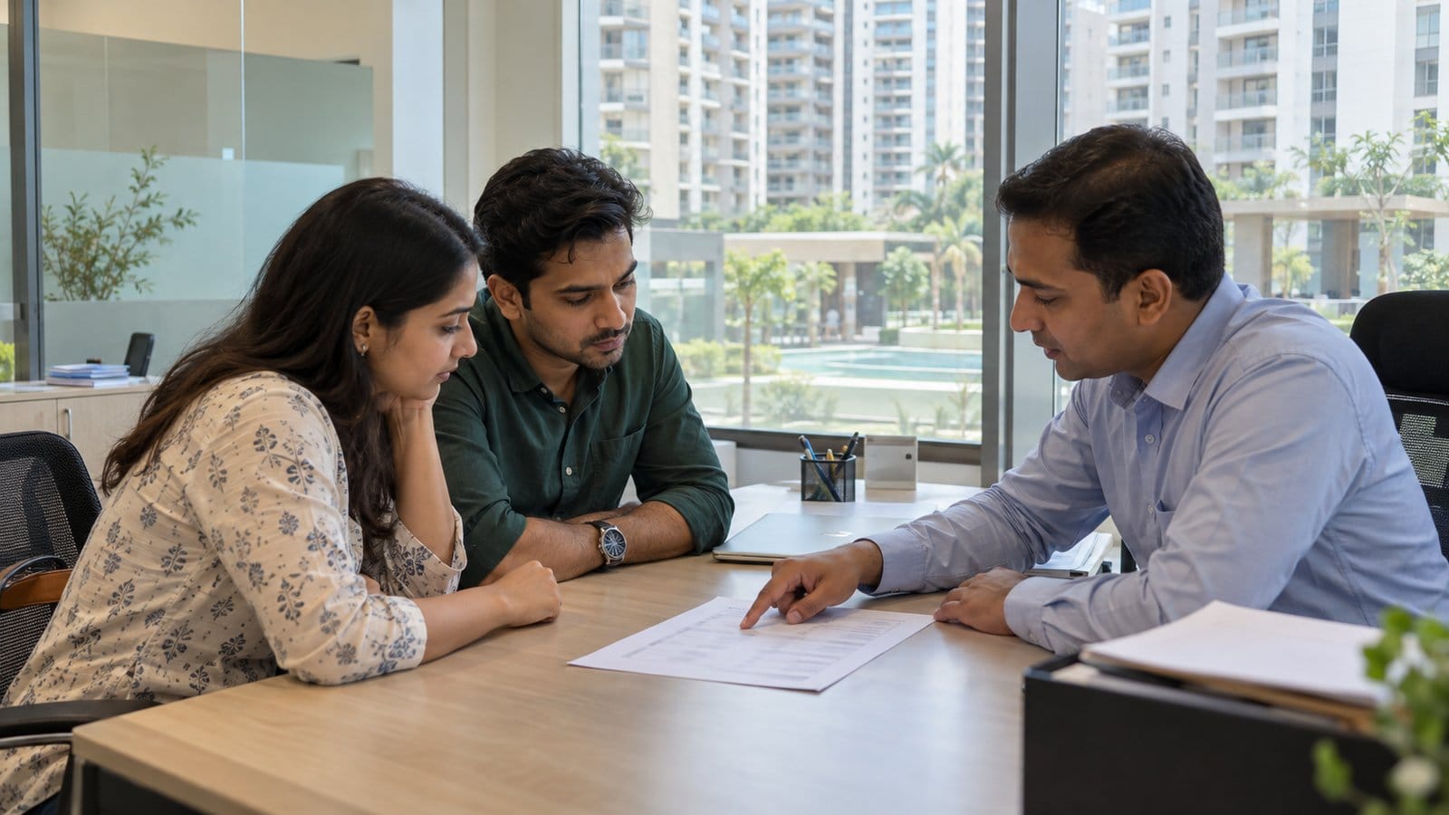 A facility staff member explains a printed list of shifting timings to a young couple in a tower office