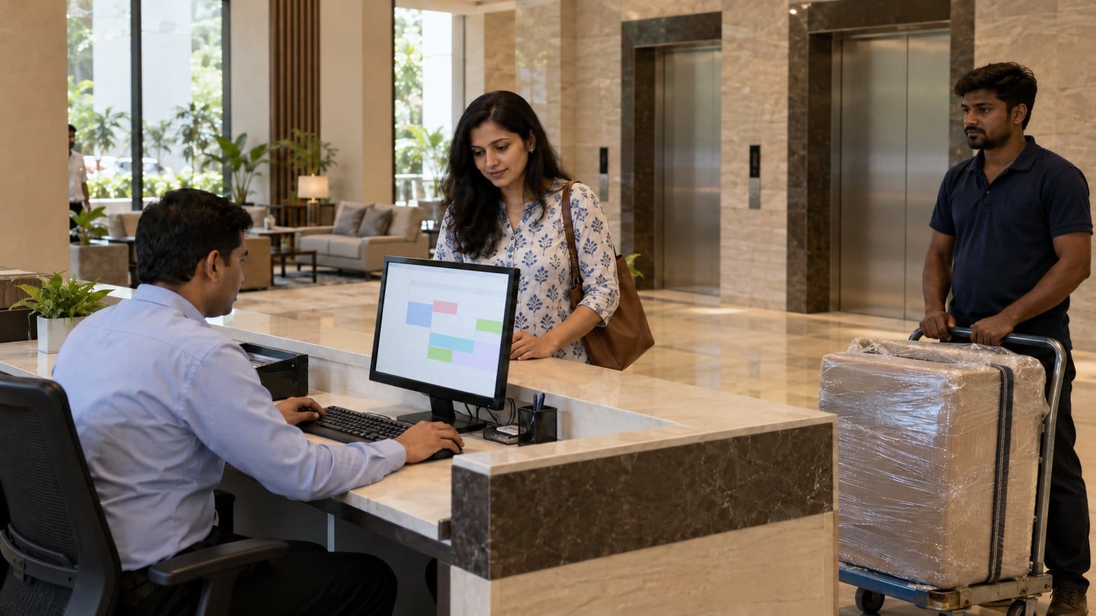 A resident checks in at a society reception desk while a mover waits with a wrapped suitcase