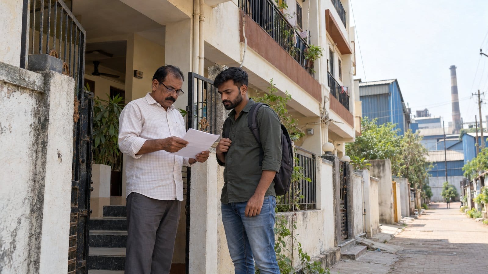 A landlord checks a tenant’s verification form at the entrance of a small rental building