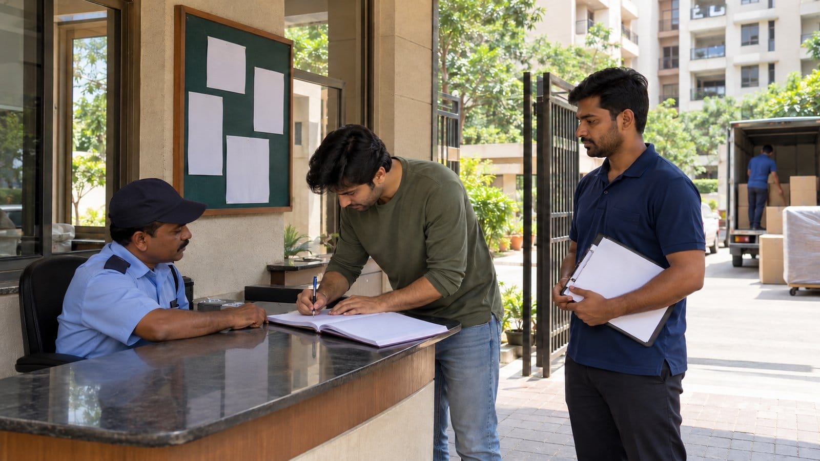 A resident fills in a move-out register at a society security desk while a mover waits