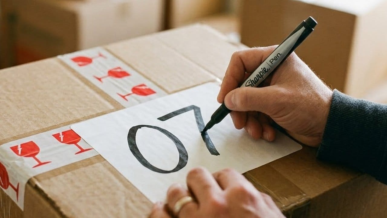 Close view of a hand numbering a white label on a moving carton with a black marker, next to tape printed with red fragile glass symbols