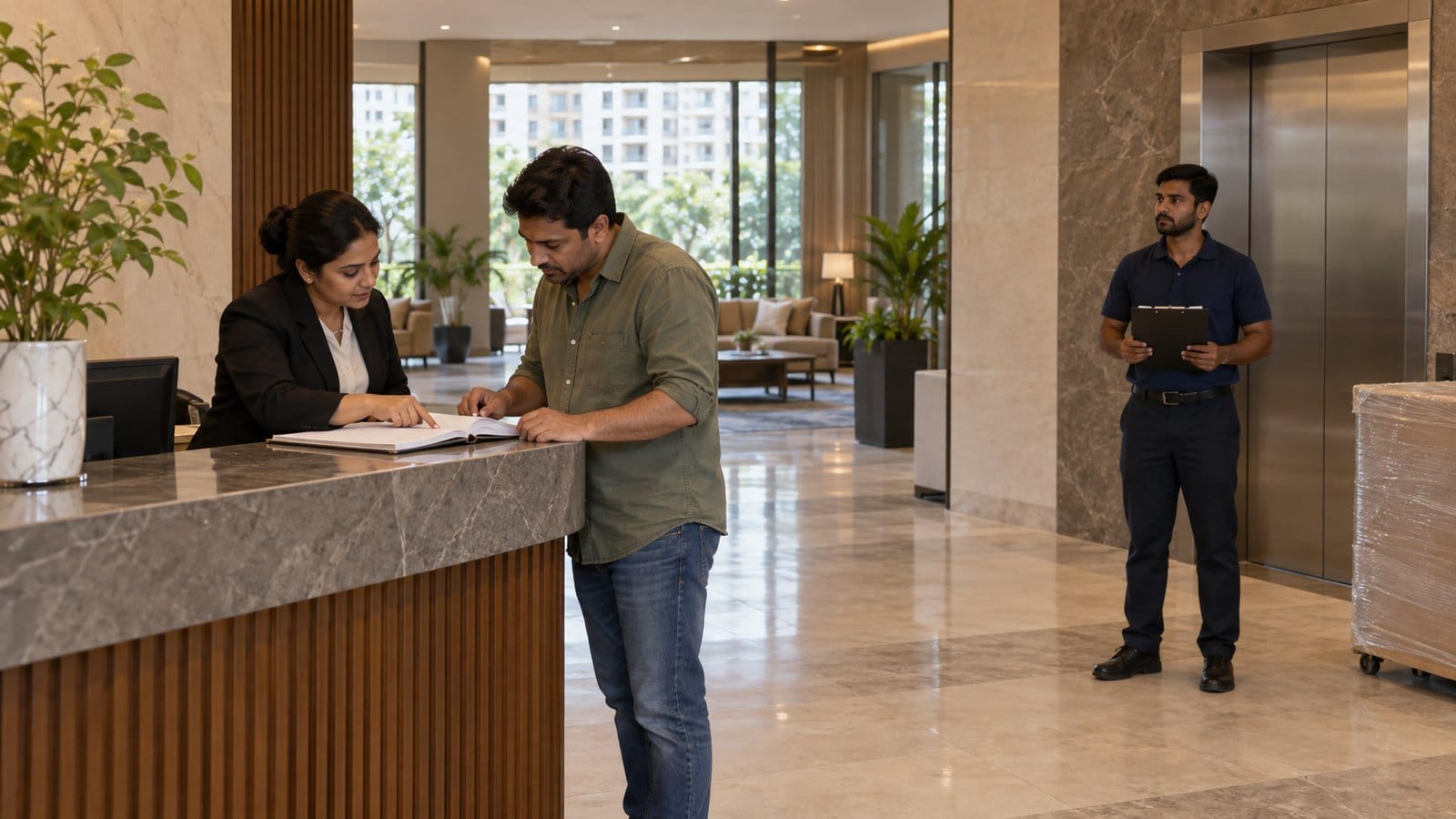 A resident and a facility manager review a move booking register at a condominium reception as a mover waits by the lift