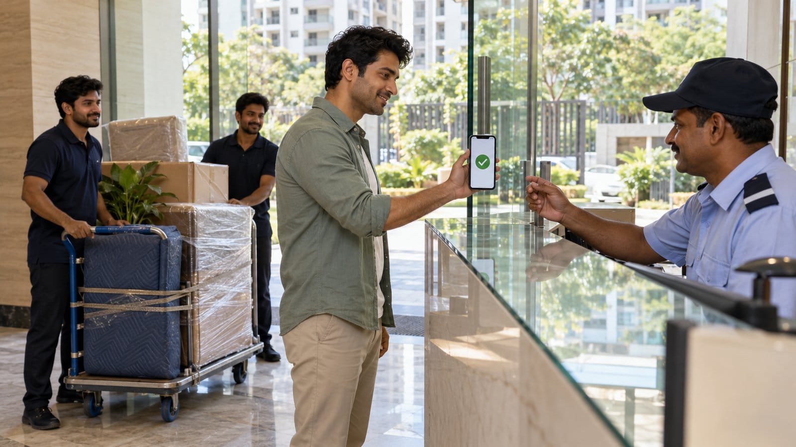 A resident shows an approval on a phone to a society guard as movers wait with a padded trolley