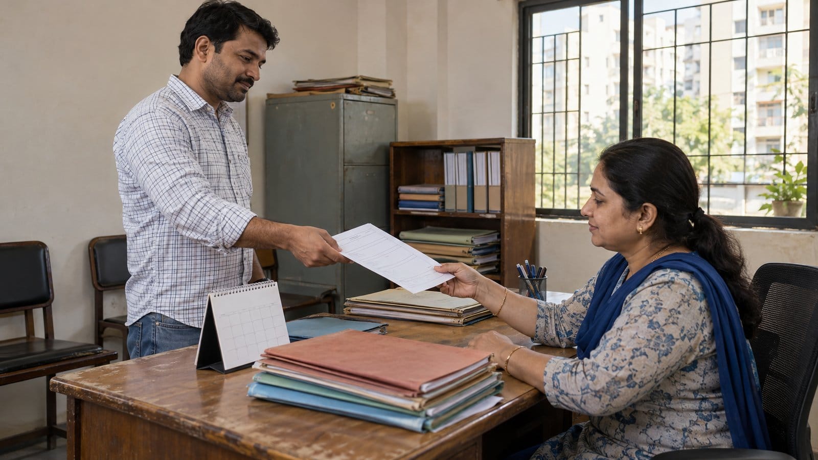 A resident hands an application form to a clerk in a residents' association office