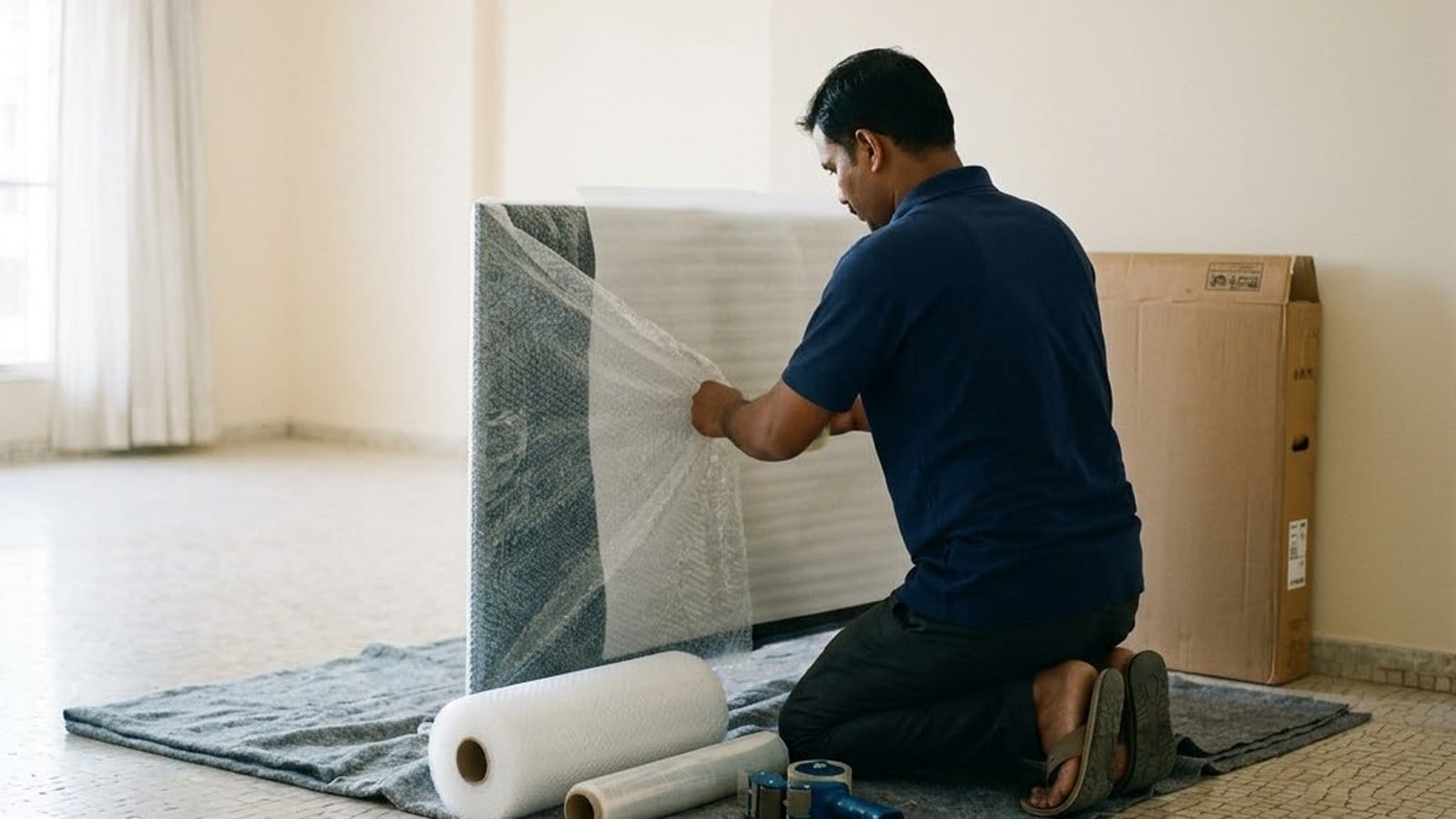 A packer kneels on a grey blanket in a bare, sunlit flat, pulling bubble wrap over a flat-screen television beside a tall carton