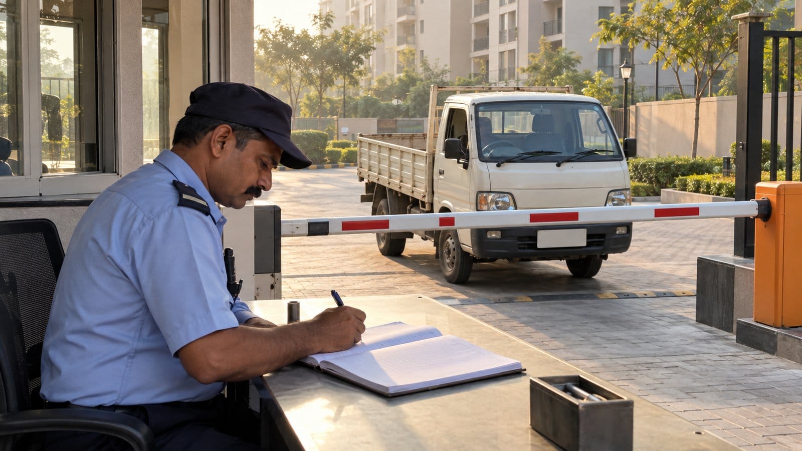 A security guard writes a vehicle entry in a register as a small truck waits at a society barrier