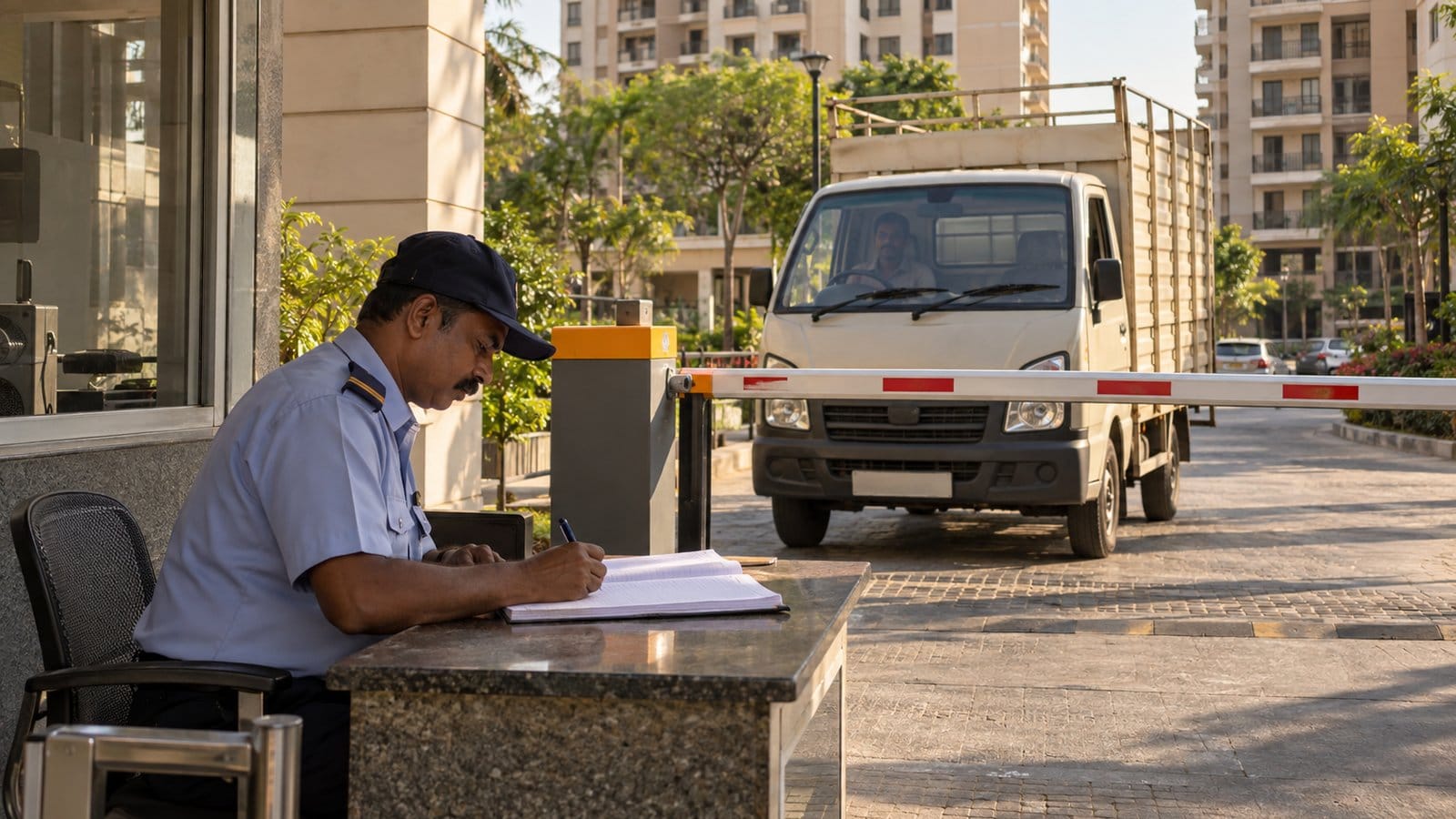 A society gate guard writes a vehicle entry in a register while a goods truck waits at the barrier