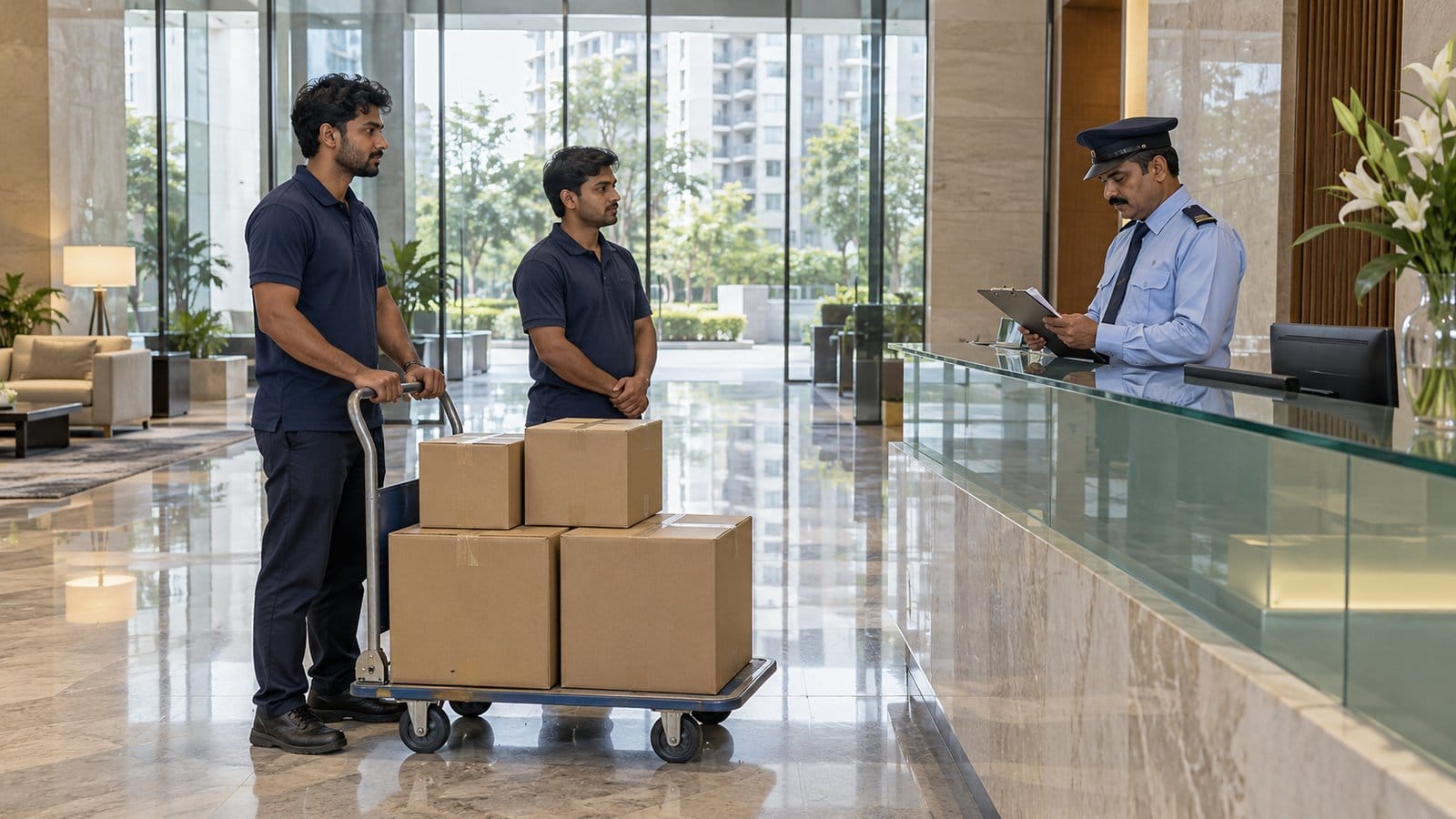 A guard at a high-rise lobby desk checks a clipboard while two movers wait with a trolley of sealed cartons