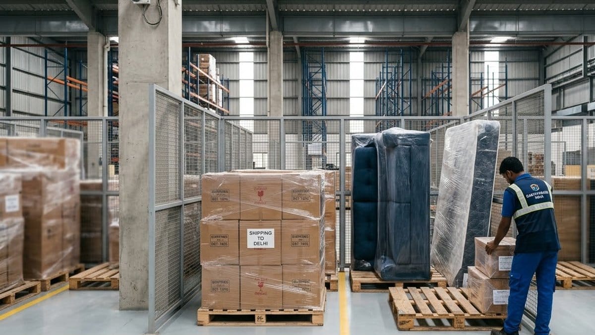 A worker in a blue uniform and reflective vest stacks cartons on a pallet in a warehouse, beside a wrapped sofa, a mattress and a pallet of boxes labelled Shipping to Delhi