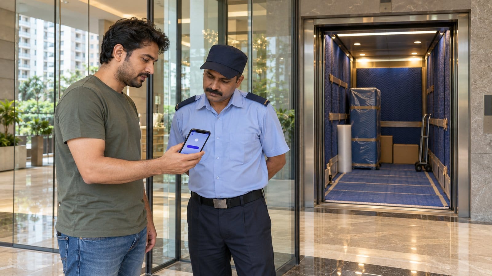 A resident shows a phone to a security supervisor at a tower entrance beside a padded service lift
