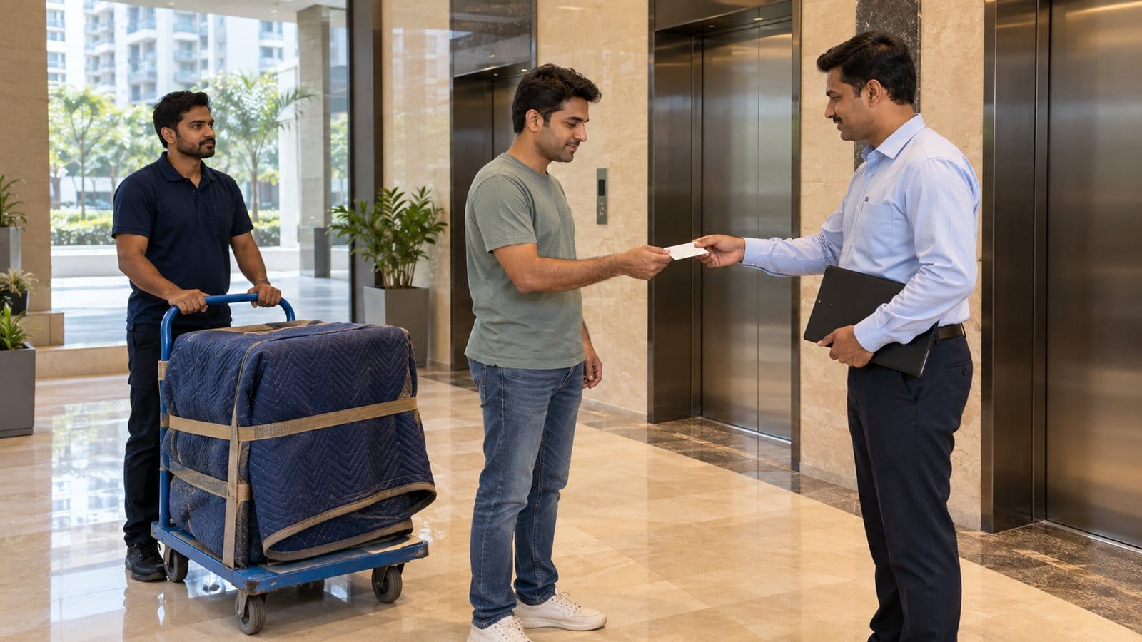 A facility manager hands a lift-booking slip to a resident in a tower lobby as a mover waits with a trolley
