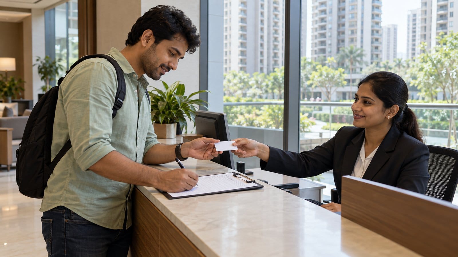 A resident signs a move-in form and receives an access card at a tower management desk
