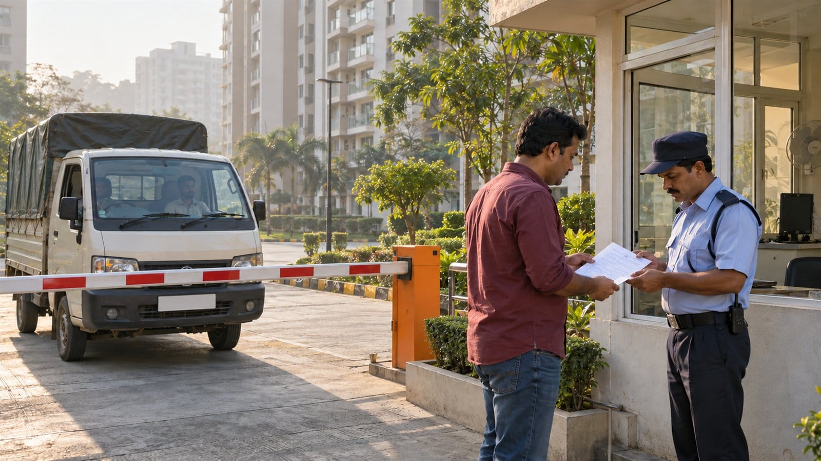 A resident shows a form to the guard at a society gate while a small goods truck waits at the barrier