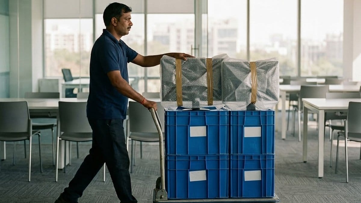 A mover in a navy polo shirt pushes a trolley stacked with blue plastic crates and two bubble-wrapped items across a carpeted floor