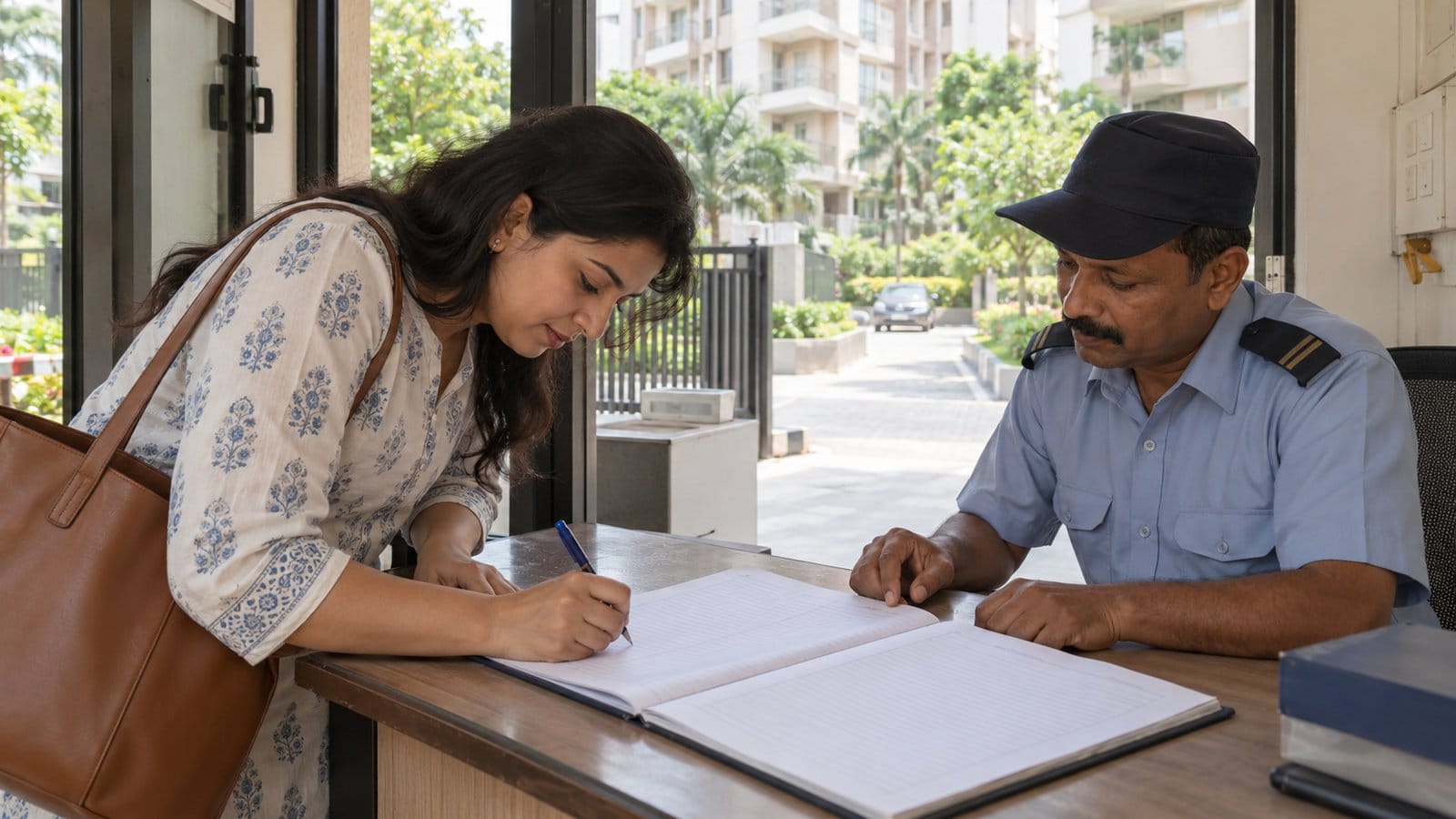 A resident signs a move-out register at a society security desk as a guard looks on