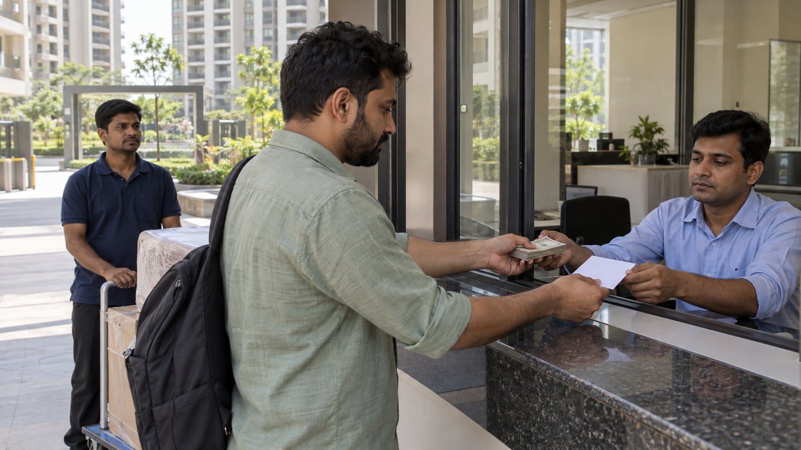 A resident pays a deposit and receives a gate-pass slip at a society maintenance office window