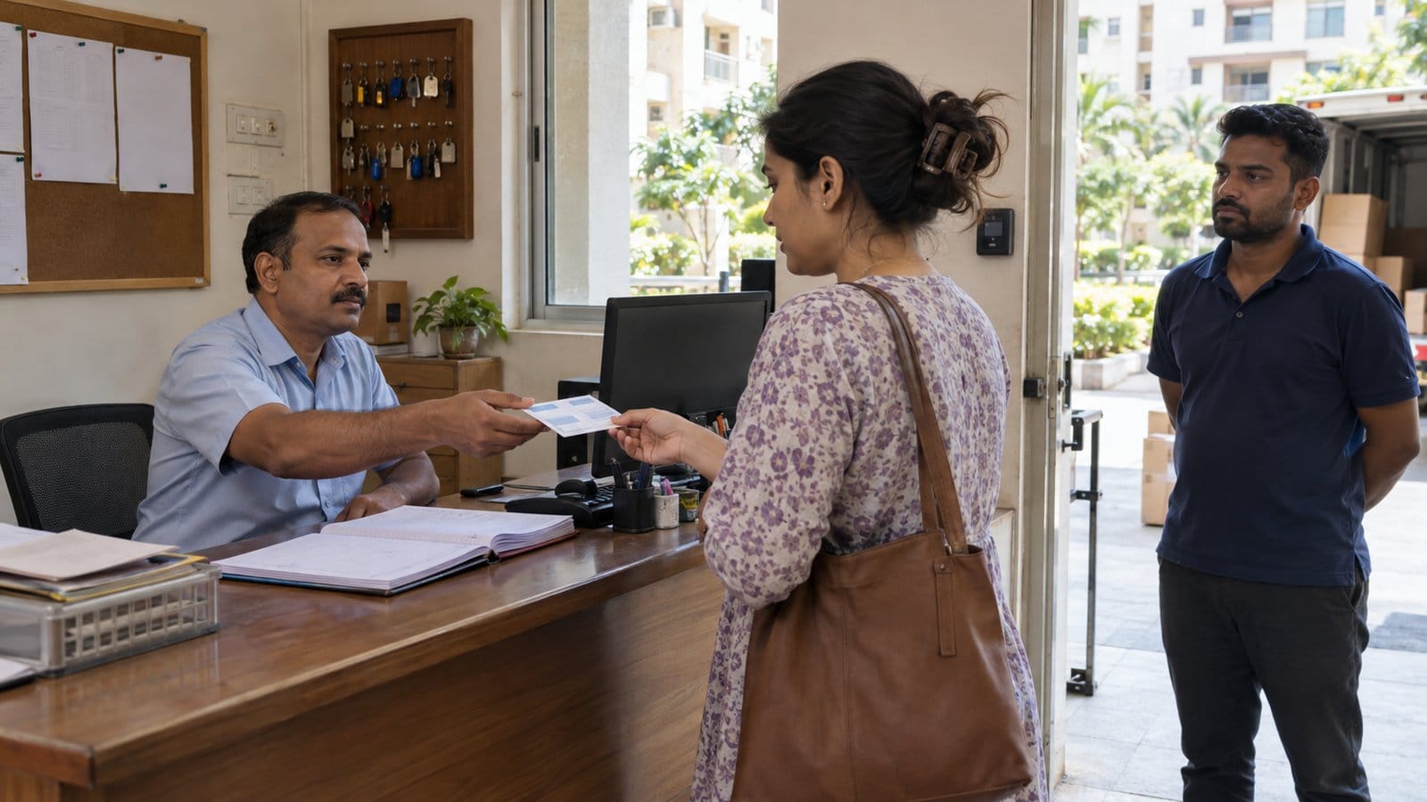 A facility manager hands a move-in pass to a resident at a society office counter while a mover waits