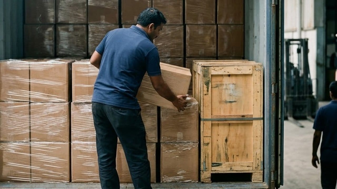 A packer in a blue shirt eases a wrapped carton onto a stack inside a shipping container, next to a wooden crate