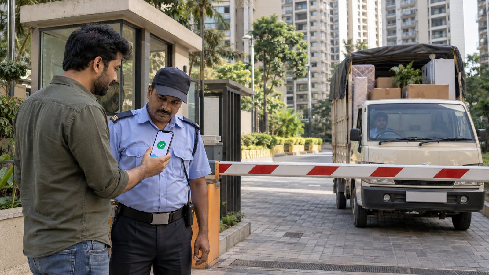 A resident shows a move approval on a phone to a guard at a society boom barrier while a goods truck waits