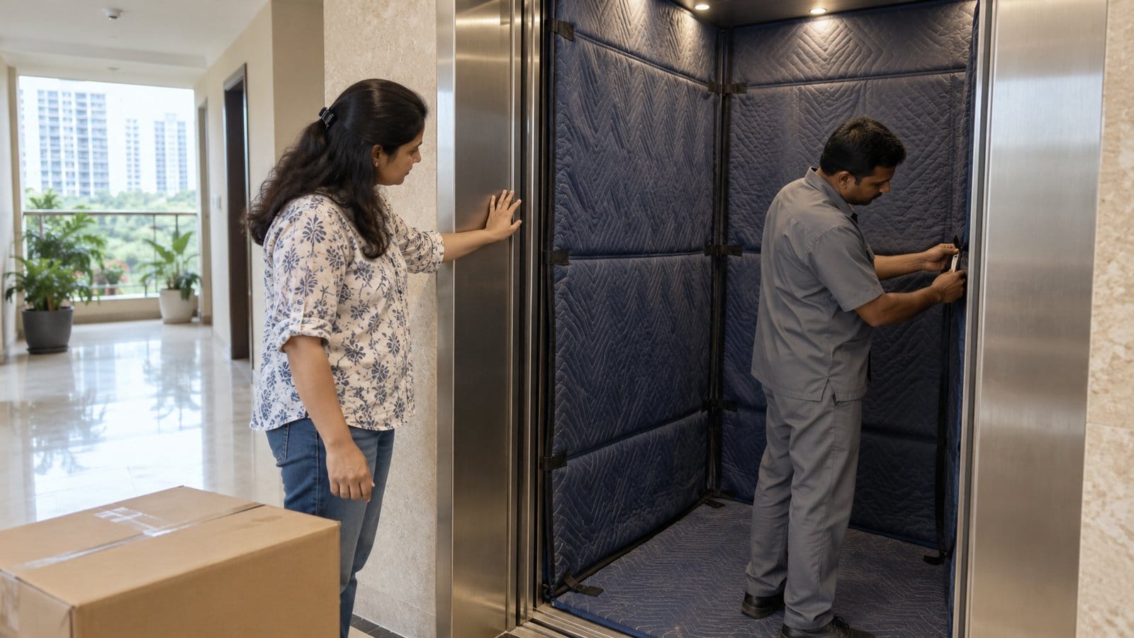 A resident and a maintenance worker check the protective padding inside a service lift before a move