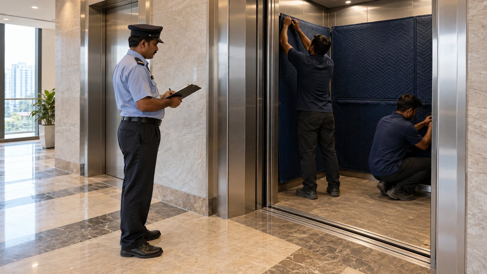 A guard checks a move schedule while movers fix protective sheets inside a tower lift