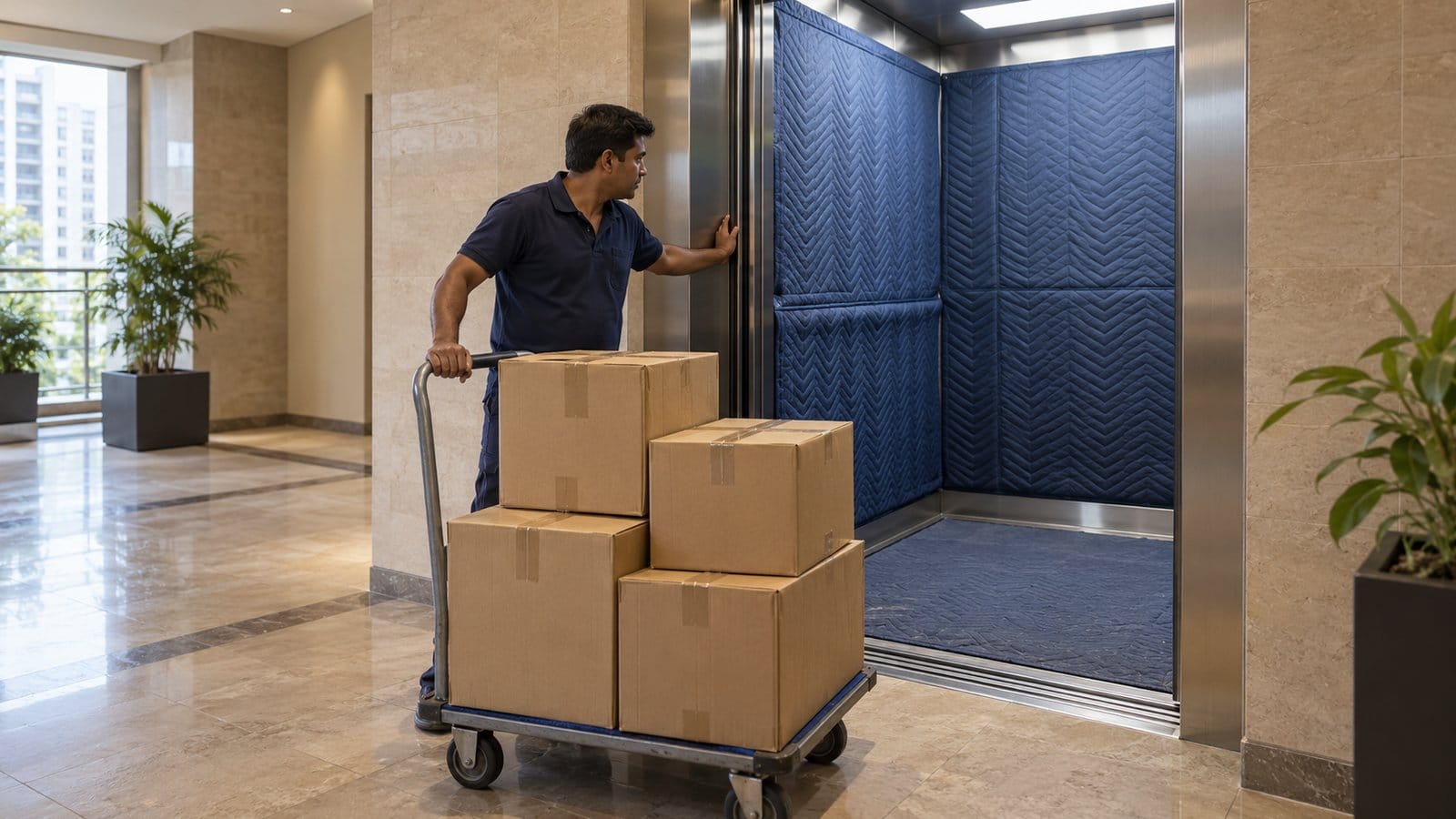 A mover holds a padded lift's door open for a trolley of cartons in a tower lobby