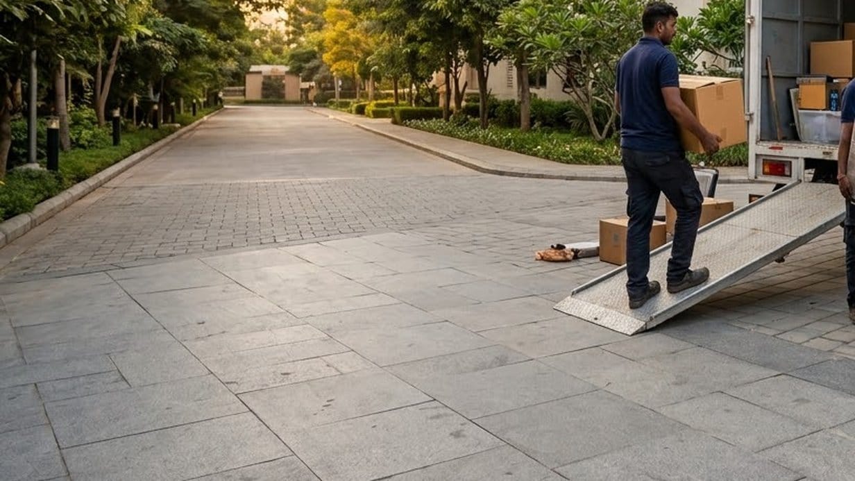 A mover in a navy shirt walks up a metal ramp into a truck with a carton, on a paved society road lined with trees