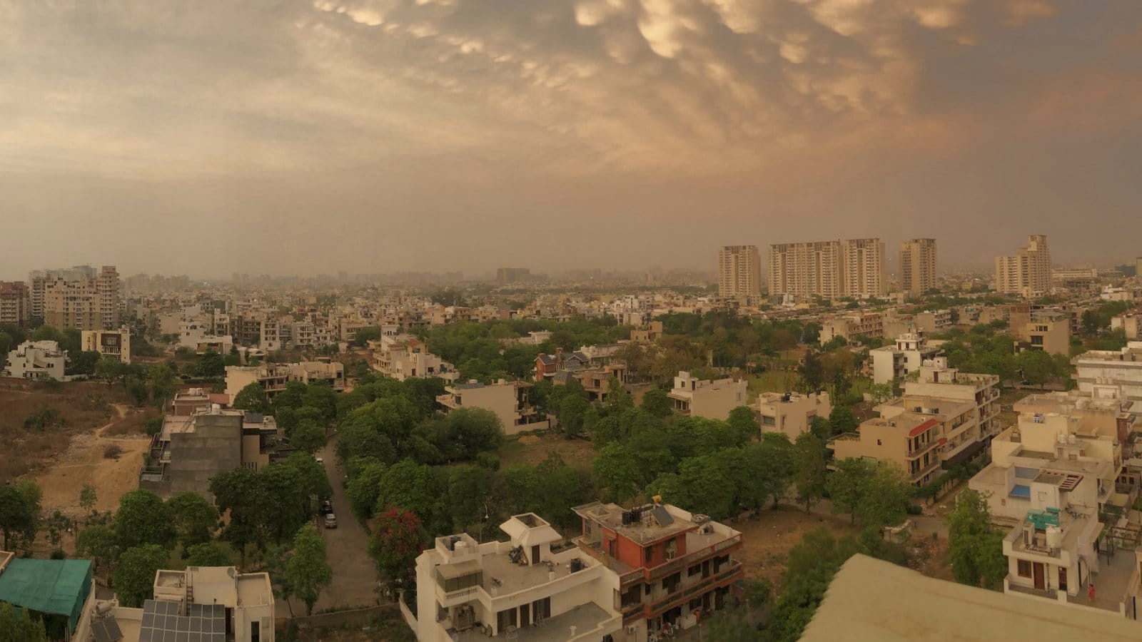 Sector 47, Gurgaon, near Sohna Road, at dusk: plotted houses and tree-lined lanes in front and apartment towers on the skyline, seen from the Uniworld Gardens 2 society