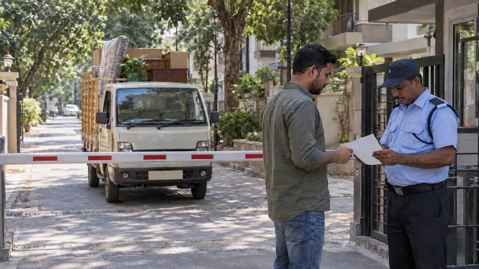 A guard at a colony barrier checks a resident’s moving permission slip while a small truck waits
