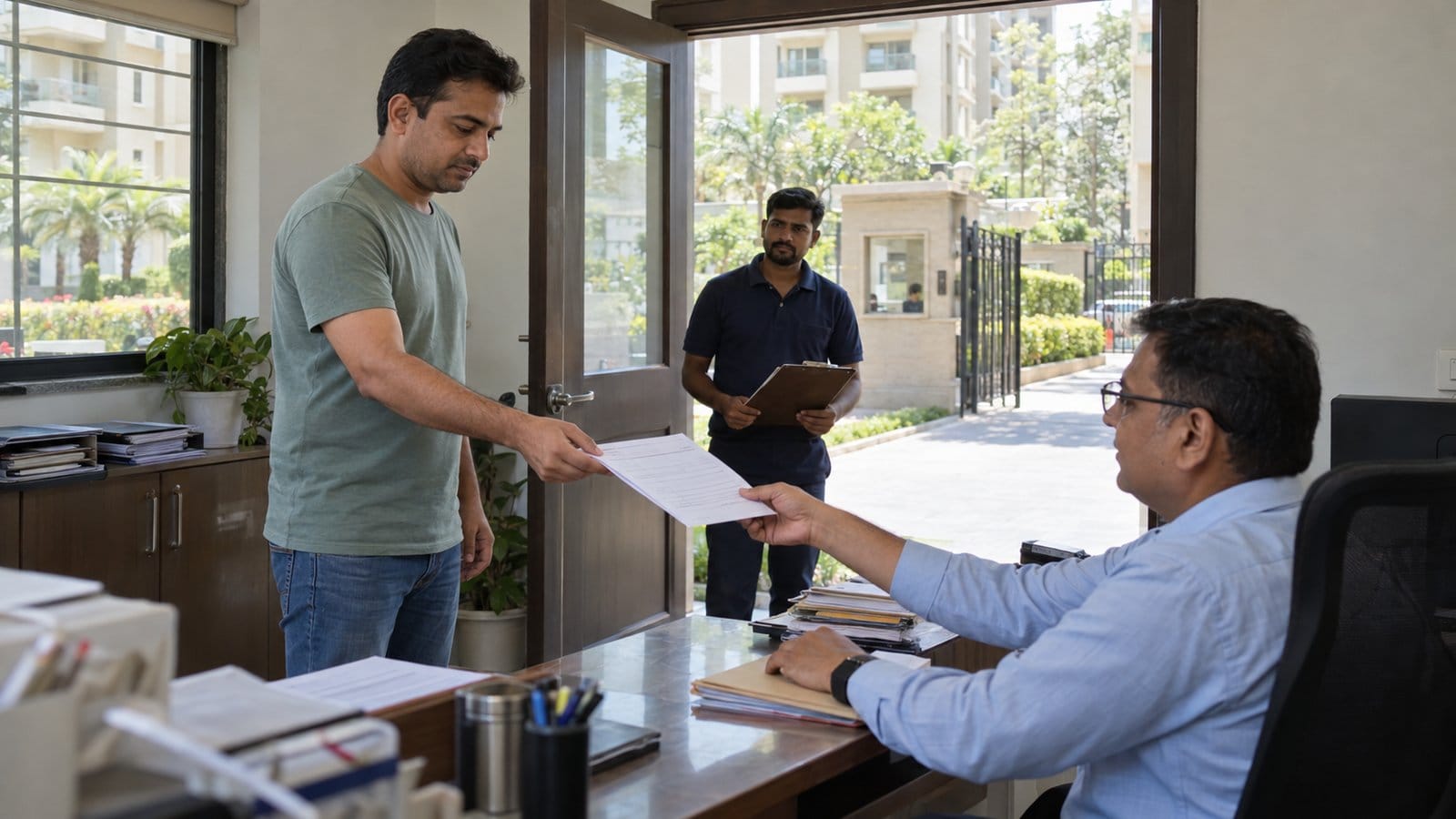 A resident hands a form to a staff member at a residents' association desk while a mover waits at the door