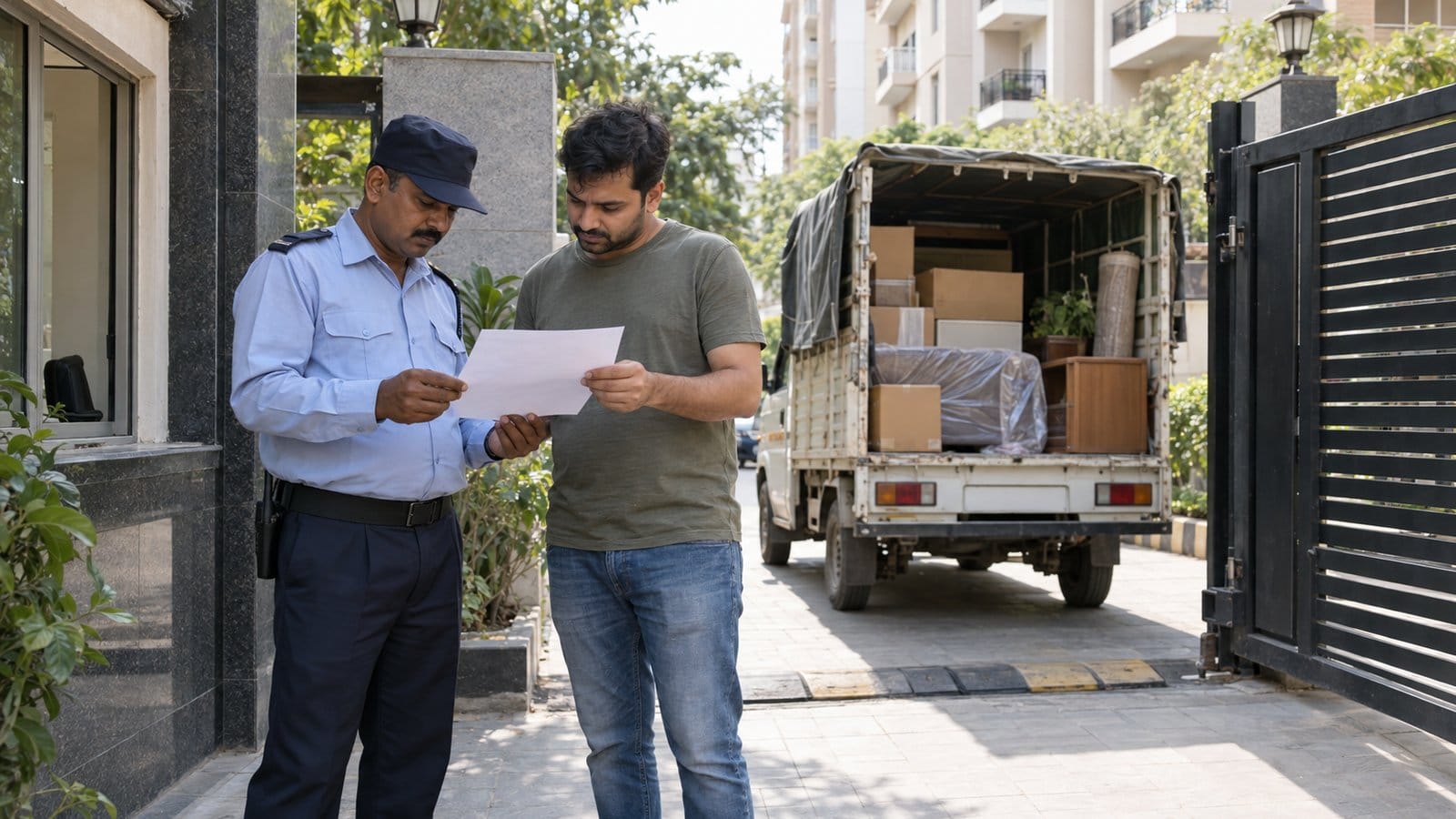 A guard checks a moving permission note with a resident at a block gate as a small truck waits