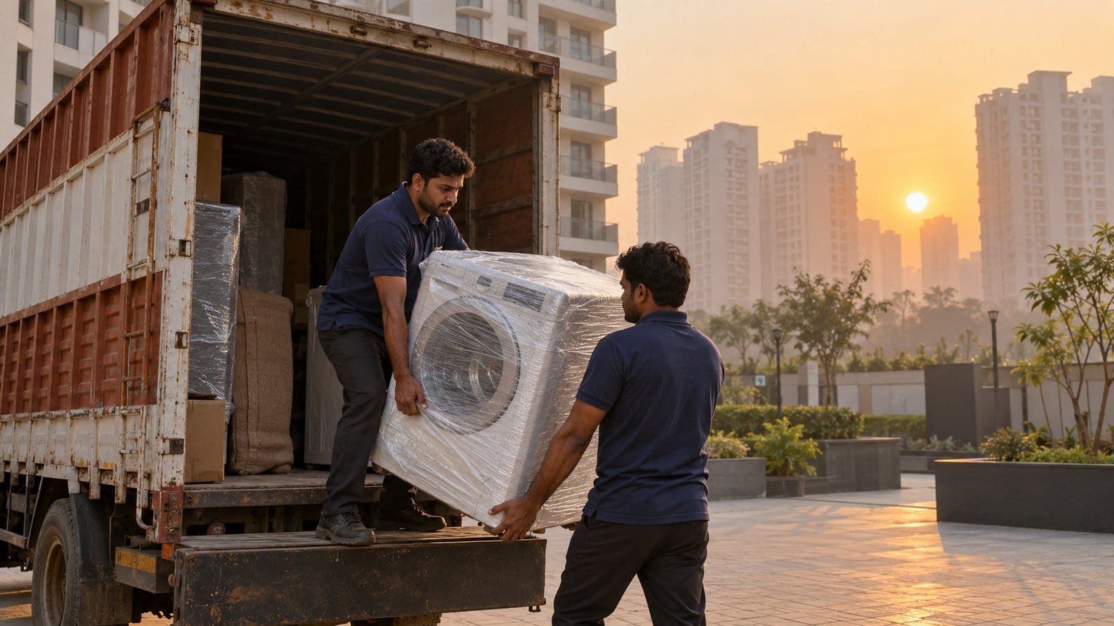 Two movers load a wrapped washing machine into a truck at dawn, ahead of the day's heat