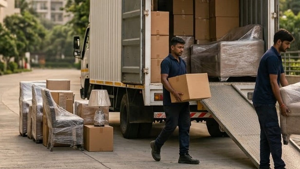 A mover carries a carton away from an open truck past plastic-wrapped chairs and a lamp, while a colleague lifts a wrapped armchair by the ramp