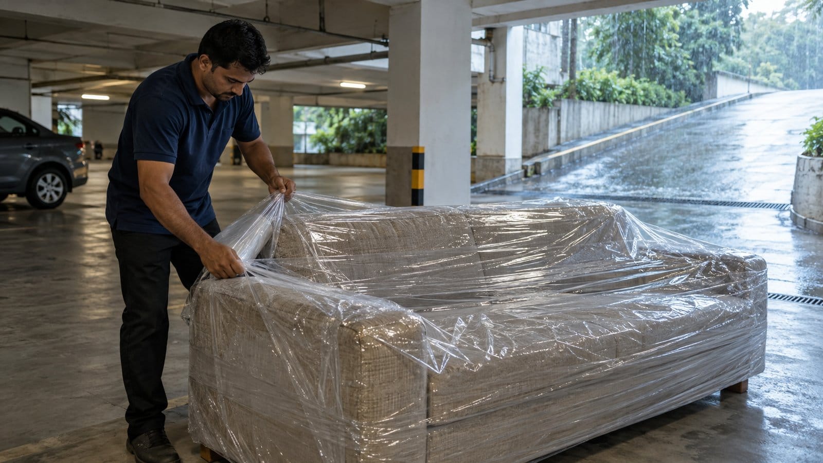 A mover wraps a sofa in plastic sheeting in a covered basement parking area as rain falls outside