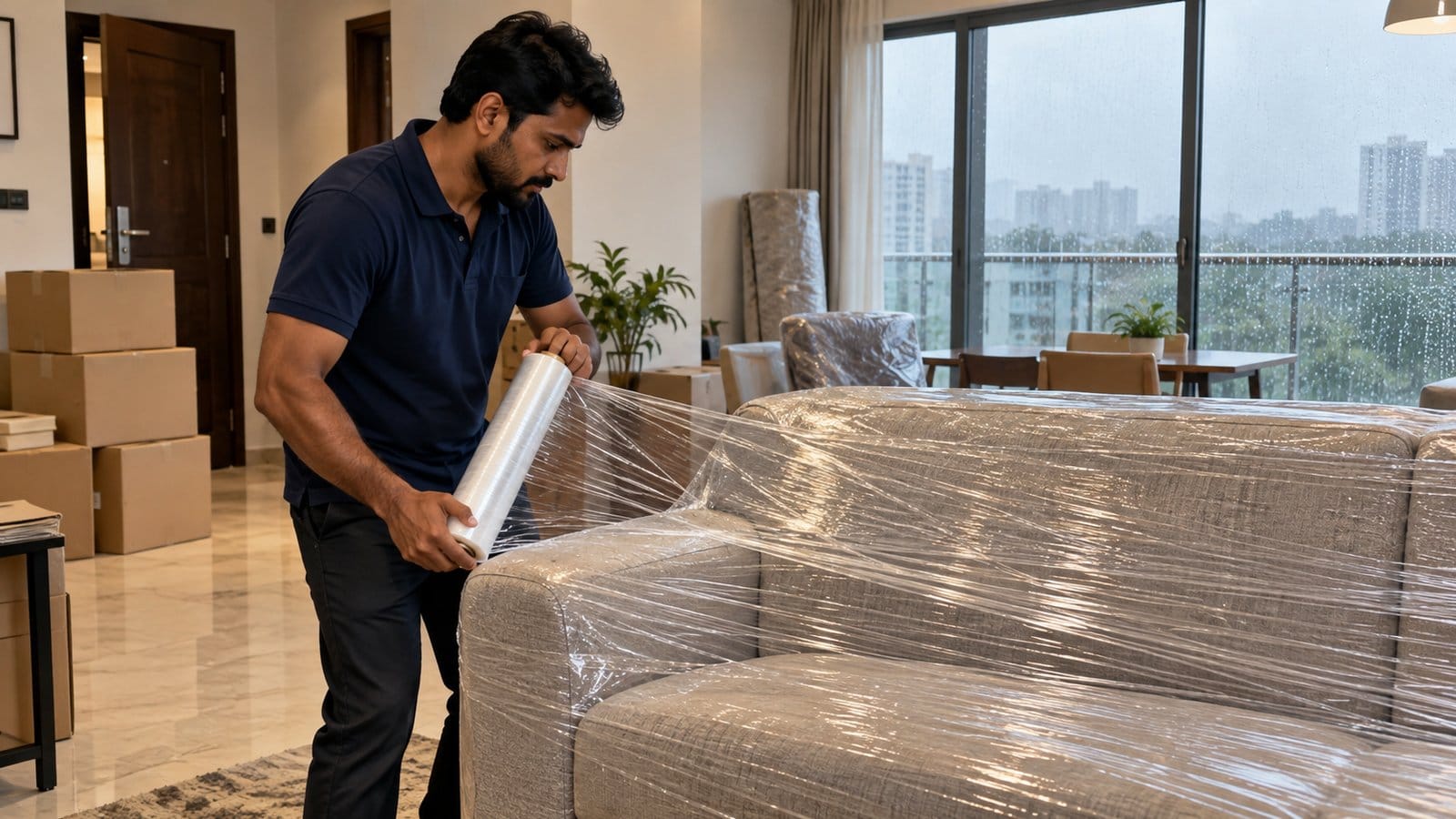 A mover stretch-wraps a sofa inside a flat as monsoon rain streaks the windows