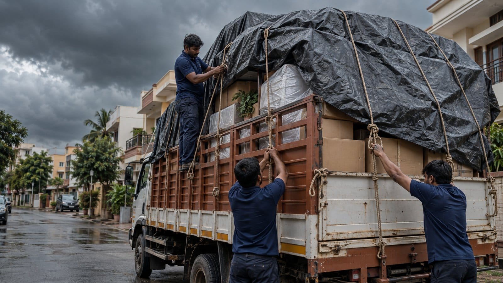 Movers tie a tarpaulin over a loaded truck as dark monsoon clouds gather