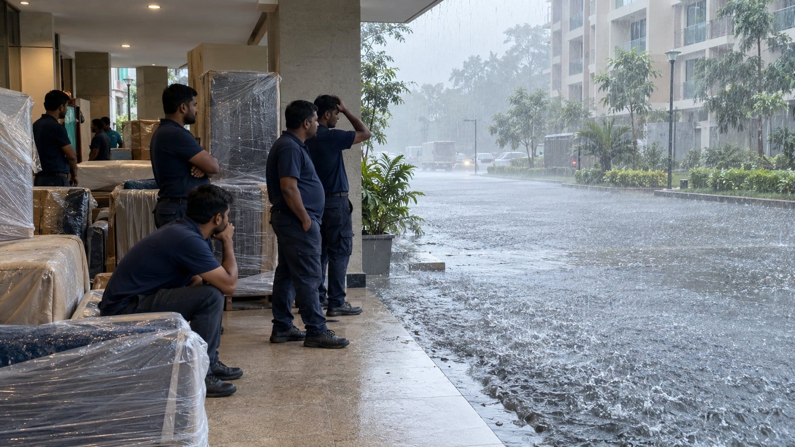 Movers shelter under a building porch with wrapped furniture as a monsoon downpour floods the road