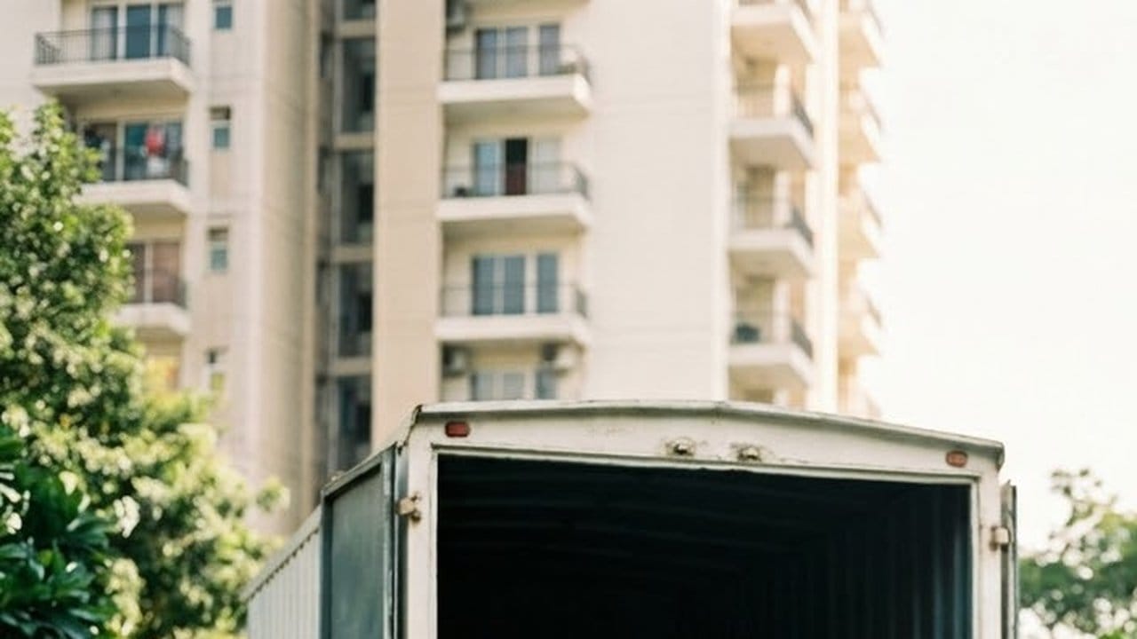 The open rear of an empty moving truck parked beneath a cream-coloured residential tower with balconies, trees at the roadside