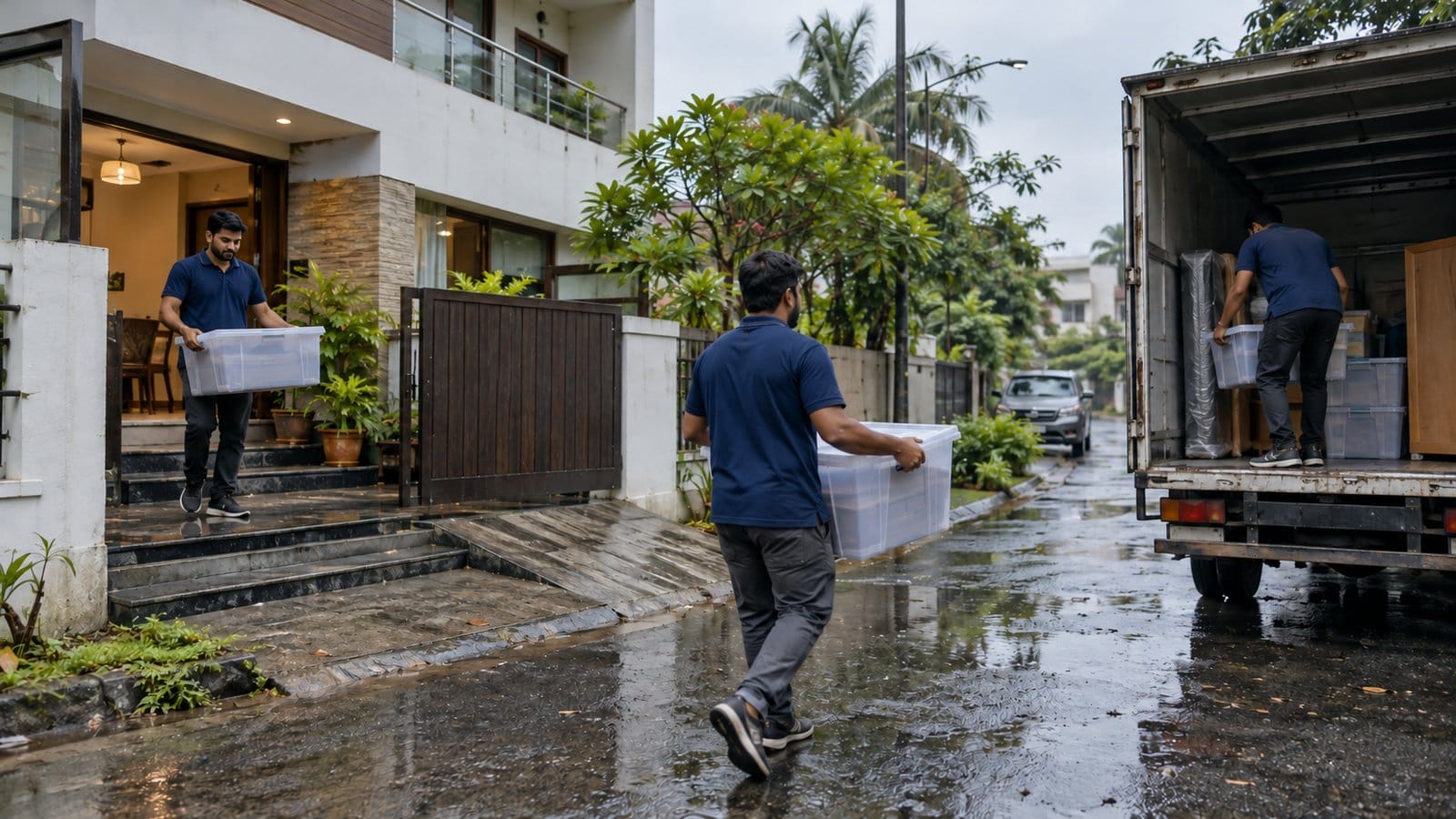 A mover carries a sealed tub from a house to a truck on a wet residential street after a shower