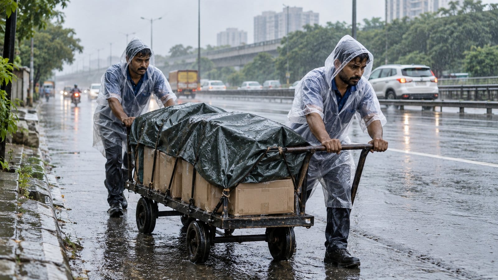 Two movers in rain ponchos push a covered cart of cartons along a wet service lane
