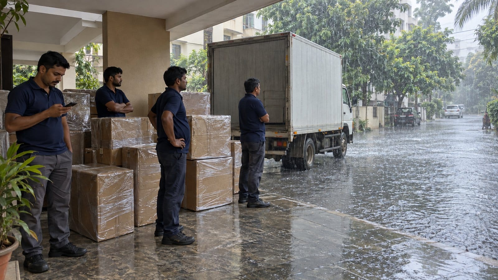Movers wait under a building porch beside wrapped cartons and a truck as heavy rain floods the street