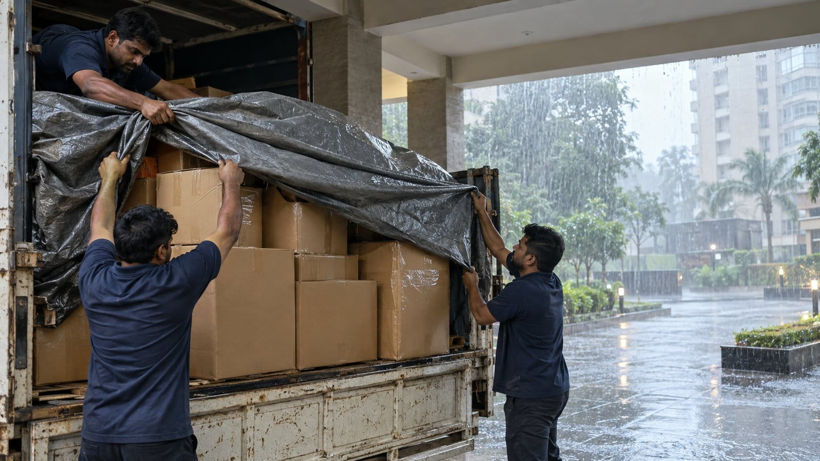 Movers pull a tarpaulin over cartons in a truck under a tower porch during heavy rain