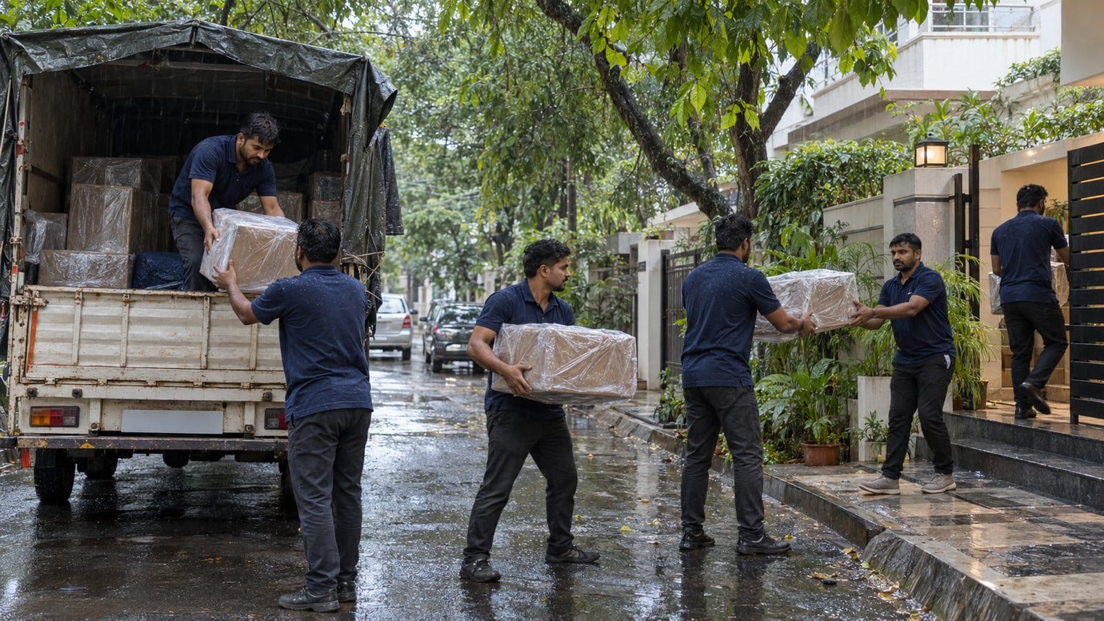 Movers pass covered cartons along a line to a small truck in light monsoon rain