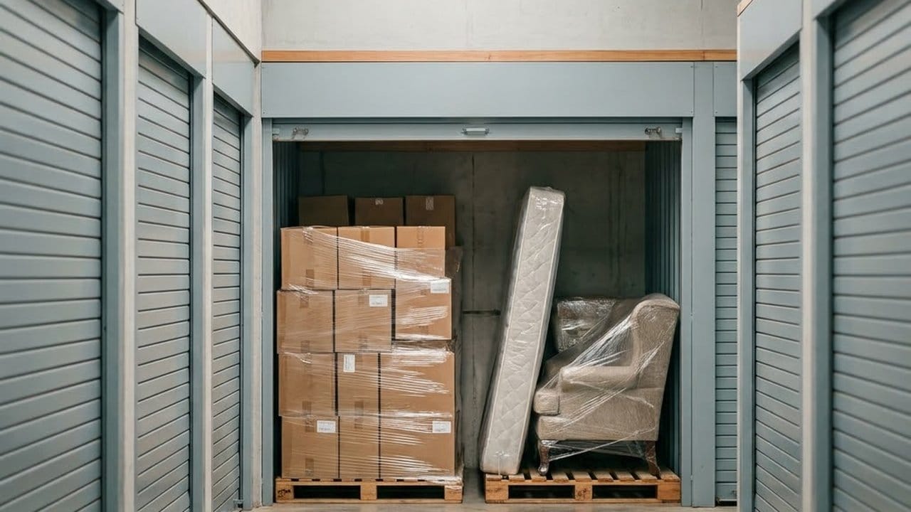 An open storage unit holding cartons, a mattress and an armchair, all wrapped in clear plastic film and raised on wooden pallets, between grey roller shutters