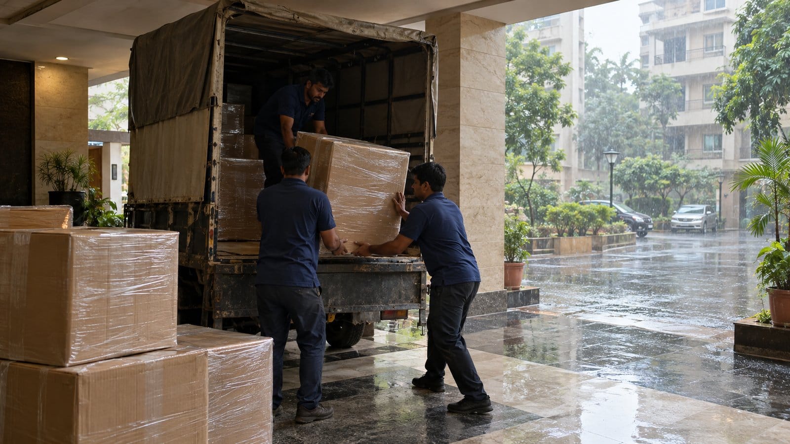 Movers slide wrapped cartons into a covered truck under a building porch while it drizzles outside