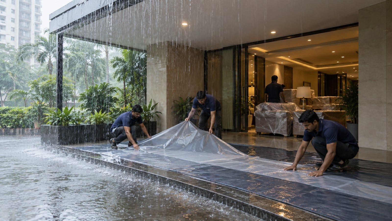 Movers lay protective sheets on a tower porch floor as rain streams off the porch roof