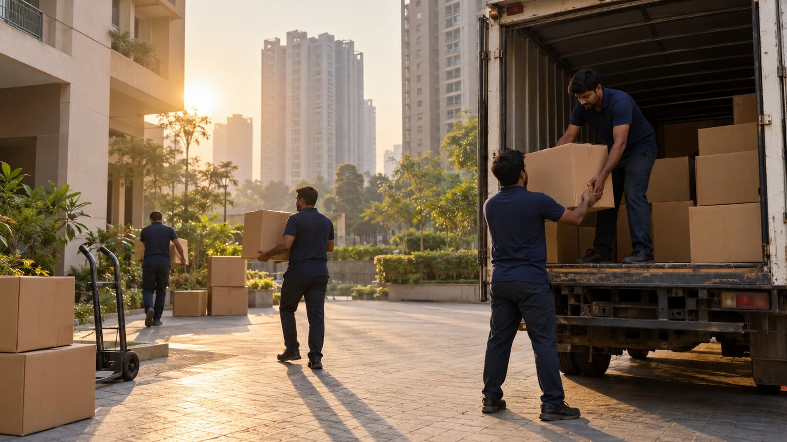 Movers load cartons into a truck early in the morning, before the summer heat, below tall towers