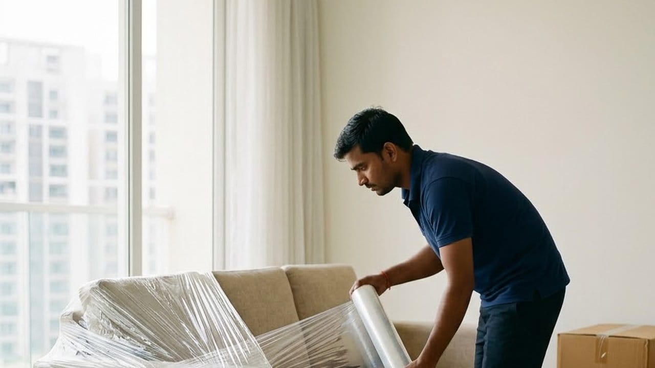 A packer bends over a beige sofa, wrapping it in clear stretch film beside a tall window with apartment towers outside