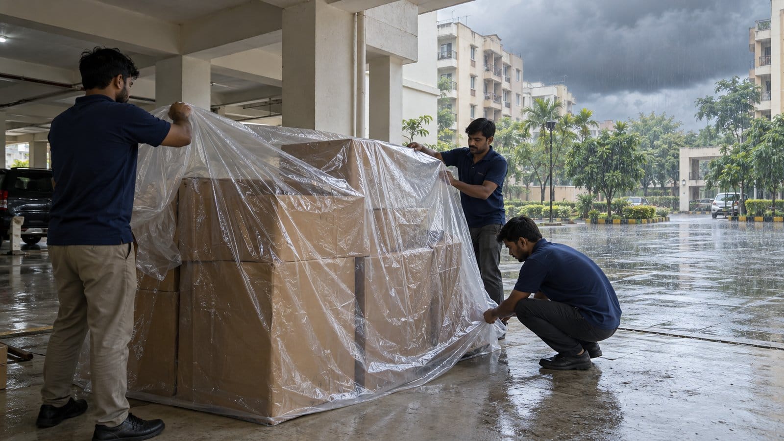 Movers cover stacked cartons with a plastic sheet in a building parking area as monsoon clouds gather