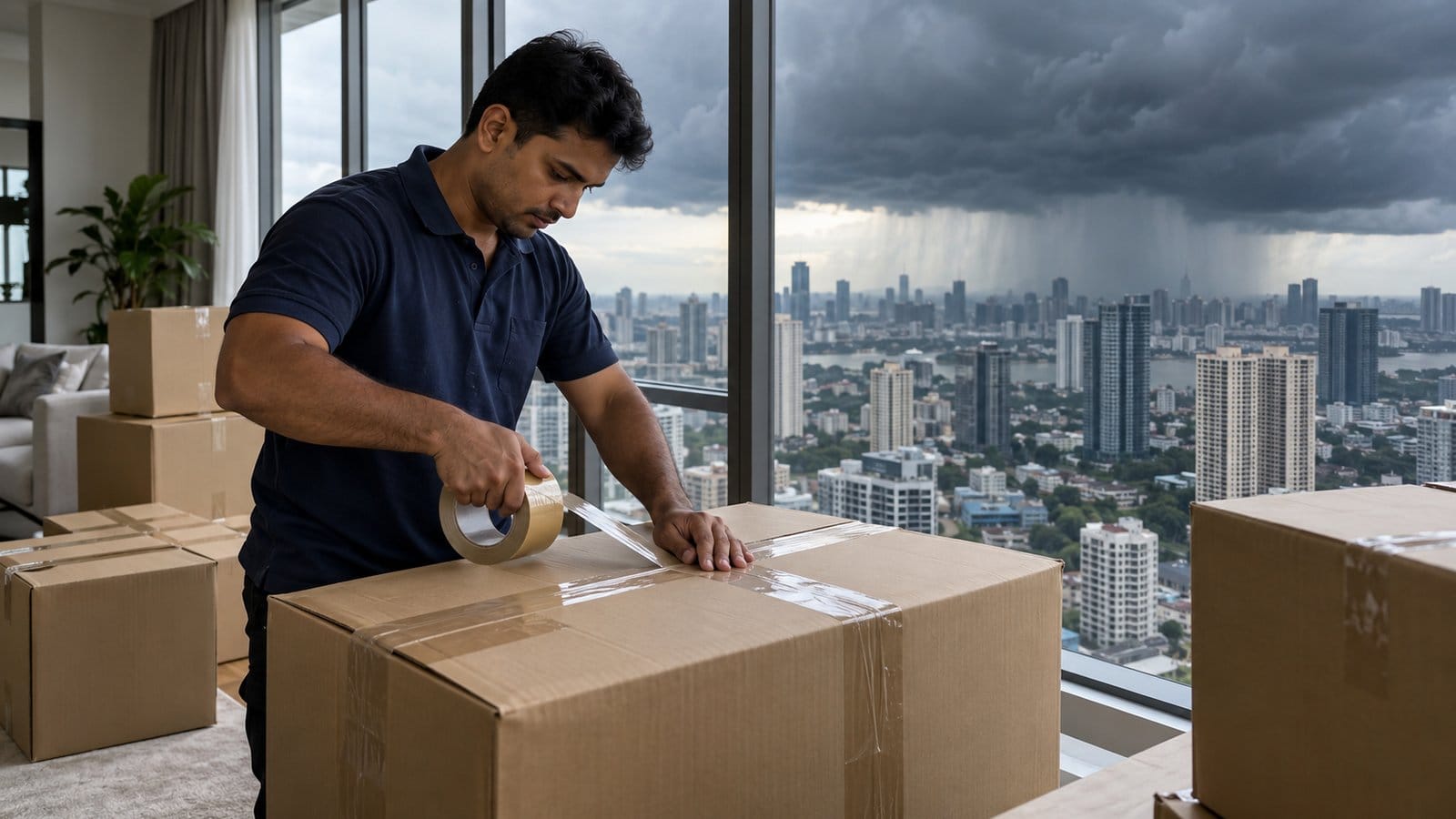 A mover tapes cartons inside a high-rise flat as dark monsoon clouds gather outside the windows